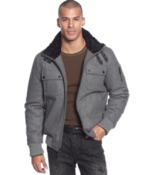 High-flying style: Aviator jacket from Sean John, with buckle tab collar, zip front, and snap pockets. High-flying style: Aviator jacket from Sean John, with buckle tab collar, zip front, and snap pockets.