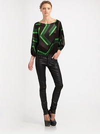 A perfect mix of modern and romantic, with a striking geometric print and easy, peasant-style silhouette.BoatneckThree-quarter sleeves with gathered cuffsElasticized waistbandPull-on style95% silk/5% spandexDry cleanImportedModel shown is 5'9½ (176cm) wearing US size Small. A perfect mix of modern and romantic, with a striking geometric print and easy, peasant-style silhouette.BoatneckThree-quarter sleeves with gathered cuffsElasticized waistbandPull-on style95% silk/5% spandexDry cleanImportedModel shown is 5'9½ (176cm) wearing US size Small.
