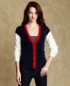 Colorblocking lends modern appeal to Tommy Hilfiger's so-soft V-neck cardigan.