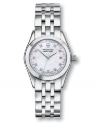 A sophisticated style, perfect for every day. Stainless steel bracelet and case. Mother-of-pearl dial with logo at 12 o'clock, date window at 6 o'clock and sparkling diamond accent indexes. Three hands. Anti-reflecting sapphire crystal. Low battery indicator. Swiss made. Analog quartz movement. Water resistant to 100 meters. Three-year limited warranty. A sophisticated style, perfect for every day. Stainless steel bracelet and case. Mother-of-pearl dial with logo at 12 o'clock, date window at 6 o'clock and sparkling diamond accent indexes. Three hands. Anti-reflecting sapphire crystal. Low battery indicator. Swiss made. Analog quartz movement. Water resistant to 100 meters. Three-year limited warranty.