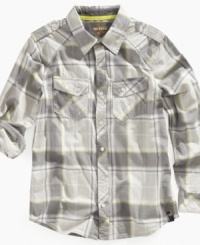 Refine his look with the traditional plaid of this double-pocket button-up shirt from Epic Threads. Refine his look with the traditional plaid of this double-pocket button-up shirt from Epic Threads.
