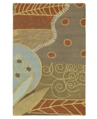 Displaying a melange of abstract designs, this fetching rug offers artistic charm for any room in your home. Warm tones of moss green and burnt red blend with playful bursts of blue in this exceptionally soft piece, crafted from plush New Zealand wool. Displaying a melange of abstract designs, this fetching rug offers artistic charm for any room in your home. Warm tones of moss green and burnt red blend with playful bursts of blue in this exceptionally soft piece, crafted from plush New Zealand wool.