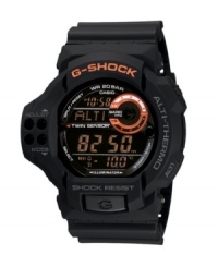 Beyond functional. Stay on top of your game with every feature you could need. G-Shock watch crafted of black resin strap and round case. Shock-resistant black negative display digital dial features twin sensor (altimeter/barometer and thermometer), LED light, flash alert, world time, multifunctional alarm, stopwatch, countdown timer, mute function and 12/24 hour formats. Digital movement. Water resistant to 200 meters. One-year limited warranty. Beyond functional. Stay on top of your game with every feature you could need. G-Shock watch crafted of black resin strap and round case. Shock-resistant black negative display digital dial features twin sensor (altimeter/barometer and thermometer), LED light, flash alert, world time, multifunctional alarm, stopwatch, countdown timer, mute function and 12/24 hour formats. Digital movement. Water resistant to 200 meters. One-year limited warranty.