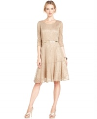 Evan Picone's sweet A-line lace dress gets a bright boost from a touch of metallic and a removable belt. Evan Picone's sweet A-line lace dress gets a bright boost from a touch of metallic and a removable belt.