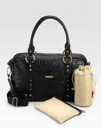 Stylish diamond-quilted leather bag features a removable thermo-insulated bottle holder, a padded changing mat, key-ring clip and individual compartments for baby's necessities, including a cell phone compartment.Adjustable, removable shoulder strap, 22 drop Top zip closure 11H X 17½W X 5½D Imported