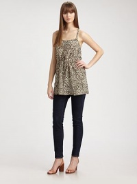 Bold cheetah-print on woven silk, gathered and tucked in a shapely tunic-length sheath.Thin strapsScoopneckBlouson bodiceDrawstring waistT-strap backAbout 31 from shoulder to hemSilkDry cleanMade in USA of imported fabricModel shown is 5'10 (177cm) wearing US size Small. Bold cheetah-print on woven silk, gathered and tucked in a shapely tunic-length sheath.Thin strapsScoopneckBlouson bodiceDrawstring waistT-strap backAbout 31 from shoulder to hemSilkDry cleanMade in USA of imported fabricModel shown is 5'10 (177cm) wearing US size Small.