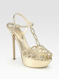 EXCLUSIVELY AT SAKS. Swarovski crystals upgrade this modern cage silhouette of nappa silk and suede, finished with a sky-high heel and adjustable ankle strap. Self-covered heel, 5 (127mm)Covered platform, 1½ (40mm)Compares to a 3½ heel (90mm)Nappa silk and suede upper with Swarovski crystalsPeep toeLeather lining and solePadded insoleMade in ItalyOUR FIT MODEL RECOMMENDS ordering one half size up as this style runs small. EXCLUSIVELY AT SAKS. Swarovski crystals upgrade this modern cage silhouette of nappa silk and suede, finished with a sky-high heel and adjustable ankle strap. Self-covered heel, 5 (127mm)Covered platform, 1½ (40mm)Compares to a 3½ heel (90mm)Nappa silk and suede upper with Swarovski crystalsPeep toeLeather lining and solePadded insoleMade in ItalyOUR FIT MODEL RECOMMENDS ordering one half size up as this style runs small.