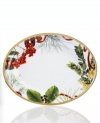 A new holiday classic, the Holly Berry platter features filigree-patterned gold and beautiful Christmas botanicals in elegant white porcelain. Complements Grand Buffet Classic Gold and Red Rim dinnerware.