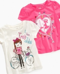 For the prettiest young lady you know: Short-sleeved sparkly tees from So Jenni themed with girly-themed graphics. For the prettiest young lady you know: Short-sleeved sparkly tees from So Jenni themed with girly-themed graphics.