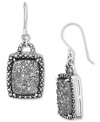 Genevieve & Grace know glam. These sparkling earrings combine emerald-cut silver druzy with glittering marcasite edges. Set in sterling silver. Approximate drop length: 1-3/16 inches. Approximate drop width: 9/16 inch.