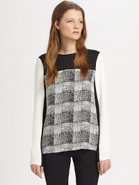 Join the fashion crowd in this modern silk top, finished with contrasting check-print paneling and an exposed back zipper. RoundneckLong sleevesExposed back zipperSilkDry cleanImportedModel shown is 5'7 (174cm) wearing US size 2. Join the fashion crowd in this modern silk top, finished with contrasting check-print paneling and an exposed back zipper. RoundneckLong sleevesExposed back zipperSilkDry cleanImportedModel shown is 5'7 (174cm) wearing US size 2.