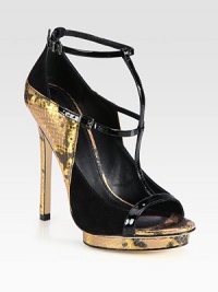 Snake-print metallic leather t-strap sandal has adjustable patent leather straps and soft suede trim. Self-covered heel, 5 (125mm)Island platform, ½ (15mm)Compares to a 4½ heel (115mm)Snake-print metallic leather, patent leather and suede upperLeather lining and solePadded insoleImportedOUR FIT MODEL RECOMMENDS ordering one half size up as this style runs small. Snake-print metallic leather t-strap sandal has adjustable patent leather straps and soft suede trim. Self-covered heel, 5 (125mm)Island platform, ½ (15mm)Compares to a 4½ heel (115mm)Snake-print metallic leather, patent leather and suede upperLeather lining and solePadded insoleImportedOUR FIT MODEL RECOMMENDS ordering one half size up as this style runs small.