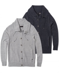 When the temperature cools, break out this Guess cardigan with its warm, comfortable feel and contemporary style. When the temperature cools, break out this Guess cardigan with its warm, comfortable feel and contemporary style.