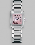 Stainless steel crown set with synthetic cabachon-shaped spinal has pink mother-of-pearl dial and stainless steel bracelet. Cartier quartz movement Case, 26mm X 20mm, 0.98 X 0.79 Black steel hands Roman numerals and minute markers 6 adjustable strap Made in Switzerland