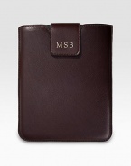 This sleek, stylish leather case has a snap tab and chamois-cloth lining to secure and protect your first- or second-generation iPad.Hand-crafted leatherAccommodates all iPad models8½W X 10HMade in USAFOR PERSONALIZATION Select a quantity, then scroll down and click on PERSONALIZE & ADD TO BAG to choose and preview your personalization options. Please allow 1 week for delivery. 