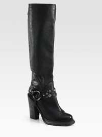 A fierce stacked heel lifts this pebbled leather silhouette with biker-chic metal studs. Stacked heel, 4½ (115mm)Stacked platform, ½ (15mm)Compares to a 4 heel, (100mm)Shaft, 16Leg circumference, 14Leather upper with metal studsBack zipLeather liningLeather and rubber solePadded insoleImportedOUR FIT MODEL RECOMMENDS ordering true size. A fierce stacked heel lifts this pebbled leather silhouette with biker-chic metal studs. Stacked heel, 4½ (115mm)Stacked platform, ½ (15mm)Compares to a 4 heel, (100mm)Shaft, 16Leg circumference, 14Leather upper with metal studsBack zipLeather liningLeather and rubber solePadded insoleImportedOUR FIT MODEL RECOMMENDS ordering true size.