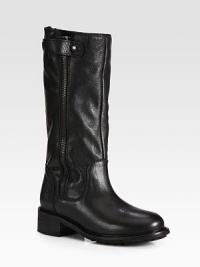 An irresistibly cool leather staple of fine Italian leather, topped off with an exposed zipper, rabbit fur lining and a stacked heel. Stacked heel, 1½ (40mm)Shaft, 12¾Leg circumference, 13½Leather upperSide zip and strap with snap closuresRabbit fur liningRubber solePadded insoleMade in Italy An irresistibly cool leather staple of fine Italian leather, topped off with an exposed zipper, rabbit fur lining and a stacked heel. Stacked heel, 1½ (40mm)Shaft, 12¾Leg circumference, 13½Leather upperSide zip and strap with snap closuresRabbit fur liningRubber solePadded insoleMade in Italy