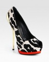 A gleaming metal heel heightens this lush calf hair design, with a contrasting suede platform and fine patent trim. Metal heel, 5½ (140mm)Suede-covered platform, 1¾ (45mm)Compares to a 3¾ heel (50mm)Calf hair upper with patent leather trimPeep toeLeather lining and solePadded insoleMade in Italy