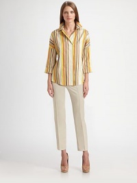 Luxe, textural silk, banded with colorful stripes and tailored in a boxy pullover silhouette.Point collarDropped shoulderThree-quarter cuffed sleevesSilkDry cleanImportedModel shown is 5'10 (177cm) wearing US size 4. Luxe, textural silk, banded with colorful stripes and tailored in a boxy pullover silhouette.Point collarDropped shoulderThree-quarter cuffed sleevesSilkDry cleanImportedModel shown is 5'10 (177cm) wearing US size 4.