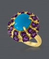 Elaborate design and a pop of color. This head-turning cocktail ring from CARLO VIANI® features turquoise (4-1/4 mm) surrounded by round-cut amethyst (3-1/3 ct. t.w.). Set in 14k gold. Size 7.