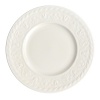 This collection of classic white, patterned dinnerware and serveware is remarkable for its ability to coordinate with a variety of table linen and flatware patterns.