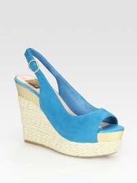 Suede upper shapes an enticing espadrille wedge and platform, concluding with an adjustable slingback strap. Hemp and metallic leather wedge, 4½ (115mm)Hemp and metallic leather platform, 1½ (40mm)Compares to a 3 heel (75mm)Suede upperLeather liningRubber solePadded insoleImportedOUR FIT MODEL RECOMMENDS ordering true size. Suede upper shapes an enticing espadrille wedge and platform, concluding with an adjustable slingback strap. Hemp and metallic leather wedge, 4½ (115mm)Hemp and metallic leather platform, 1½ (40mm)Compares to a 3 heel (75mm)Suede upperLeather liningRubber solePadded insoleImportedOUR FIT MODEL RECOMMENDS ordering true size.