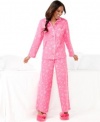 Charter Club Hearts Eye Candy Long Sleeve Flannel Pajama Sleep Set, Pink, X-Small