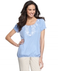 A peasant top gets a little sparkle with studded embroidery at the chest, from Karen Scott. A perfect piece with khakis or white pants! A peasant top gets a little sparkle with studded embroidery at the chest, from Karen Scott. A perfect piece with khakis or white pants!