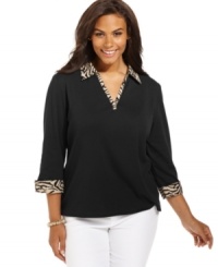 Safari styling beautifully highlights Karen Scott's three-quarter-sleeve plus size top-- snag it at an Everyday Value price! Safari styling beautifully highlights Karen Scott's three-quarter-sleeve plus size top-- snag it at an Everyday Value price!