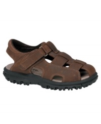 A sturdy, lightweight sandal crafted in quality leather, with a padded collar and footbed and a gripping rubber outsole. Velcro closure. Imported. A sturdy, lightweight sandal crafted in quality leather, with a padded collar and footbed and a gripping rubber outsole. Velcro closure. Imported.