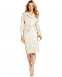 A floral motif looks even more striking over the subtly striped background of Kasper's skirt suit. Jeweled button closures and a tiered hem make this jacket stunning. A floral motif looks even more striking over the subtly striped background of Kasper's skirt suit. Jeweled button closures and a tiered hem make this jacket stunning.