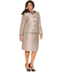 Refined shantung fabric and sleek silhouettes create an elegant plus size ensemble, from Kasper. Sparkling faceted stones give this look an extra dose of glamour. Refined shantung fabric and sleek silhouettes create an elegant plus size ensemble, from Kasper. Sparkling faceted stones give this look an extra dose of glamour.
