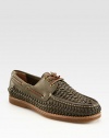 Exquisite woven detail defines the look and design of this classic boat shoe, constructed in fine leather.Leather upperLeather liningPadded insoleRubber soleImported