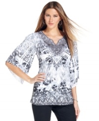 Decked out with a beautiful applique at the neckline and a stunning sublimated print, this Style&co. top is ready for a night out. Decked out with a beautiful applique at the neckline and a stunning sublimated print, this Style&co. top is ready for a night out.