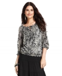 Style&co.'s mixed print top makes a statement with animal and lace inspiration and a beautifully smocked silhouette. Try with a maxi skirt and sandals for a breezy look this season. Style&co.'s mixed print top makes a statement with animal and lace inspiration and a beautifully smocked silhouette. Try with a maxi skirt and sandals for a breezy look this season.