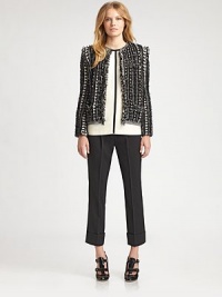 This cropped, crisply tailored wool silhouette features two sharp front pleats and wide cuffs.Self waistband with belt loopsZip fly with hook-and-bar closureFront pleatsCropped, cuffed legBack welt pocketsCotton liningInseam, about 2698% wool/2% elastaneDry cleanMade in France of imported fabricModel shown is 5'9 (175cm) wearing US size 4. This cropped, crisply tailored wool silhouette features two sharp front pleats and wide cuffs.Self waistband with belt loopsZip fly with hook-and-bar closureFront pleatsCropped, cuffed legBack welt pocketsCotton liningInseam, about 2698% wool/2% elastaneDry cleanMade in France of imported fabricModel shown is 5'9 (175cm) wearing US size 4.