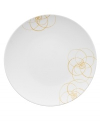 A modern canvas for everyday meals, Bloom Sun dinner plates have smooth, flat surfaces that are artfully scribbled with golden florals for a look that's fresh--and in durable porcelain--not fussy. From Villeroy & Boch.