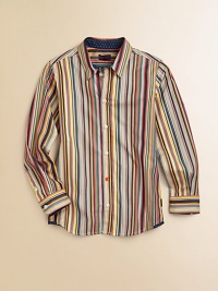 This smart and sophisticated dress shirt sports a rainbow of stripes and a contrast floral pattern along the inner sleeves and collar.Point collarLong sleeves with button cuffsButton front with single contrast buttonCurved hemCottonMachine washImported of French fabricPlease note: Number of buttons may vary depending on size ordered. This smart and sophisticated dress shirt sports a rainbow of stripes and a contrast floral pattern along the inner sleeves and collar.Point collarLong sleeves with button cuffsButton front with single contrast buttonCurved hemCottonMachine washImported of French fabricPlease note: Number of buttons may vary depending on size ordered.
