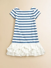 Sweet cascading ruffles adorn the hem of this striped frock for girly flair.BoatneckCap sleevesScoop backDrop-waistRuffled hemCottonMachine washImported Sweet cascading ruffles adorn the hem of this striped frock for girly flair.BoatneckCap sleevesScoop backDrop-waistRuffled hemCottonMachine washImported