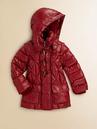 Quilted puffer styling teamed with stylish toggles make an adorable seasonal essential that your little one will love.Snap-off hoodThroat tabs with snapsPuffy stand collarQuilted alloverConcealed zip front with togglesLong sleeves with rib-knit cuffsDual snap flap pocketsLogo detail near the hemFully linedShell: polyamideFill: goose downDry cleanImported Quilted puffer styling teamed with stylish toggles make an adorable seasonal essential that your little one will love.Snap-off hoodThroat tabs with snapsPuffy stand collarQuilted alloverConcealed zip front with togglesLong sleeves with rib-knit cuffsDual snap flap pocketsLogo detail near the hemFully linedShell: polyamideFill: goose downDry cleanImported