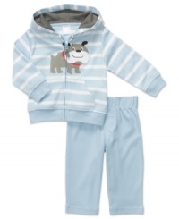 A sweet pup decorates the front of this Carter's striped hoodie with matching pants combo. A sweet pup decorates the front of this Carter's striped hoodie with matching pants combo.