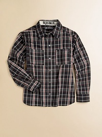 He'll look dapper wearing this long-sleeve shirt in classic plaid, with playful front pockets. Point collarLong sleeves with button cuffsButton frontFront patch pocketsCotton/polyesterMachine washImported He'll look dapper wearing this long-sleeve shirt in classic plaid, with playful front pockets. Point collarLong sleeves with button cuffsButton frontFront patch pocketsCotton/polyesterMachine washImported