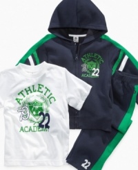 Get your future World Cup winner ready for soccer stardom in this three-piece set from Clubhouse Kids: Tee with soccer-themed graphic; hooded zip-up jacket with stripes; and coordinating pull-on pants with 22 patch. Get your future World Cup winner ready for soccer stardom in this three-piece set from Clubhouse Kids: Tee with soccer-themed graphic; hooded zip-up jacket with stripes; and coordinating pull-on pants with 22 patch.