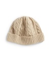 THE LOOKSmooth knit crownAllover cable knitTurn-back edge with ribbed trimTHE MATERIALCashmereCARE & ORIGINDry cleanImported