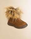 An adorable pair of plush suede booties are given a stylish update with faux coyote fur.Slip-onSuede upperFaux coyote fur liningRubber solePadded insoleImported