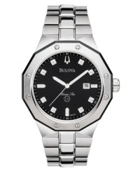 Modern details and functionality combine in this timelessly handsome watch from Bulova. Silver tone stainless steel bracelet and round case. Round black dial with date window, diamond accent indices and logo. Quartz movement. Water resistant to 100 meters. Three-year limited warranty. Modern details and functionality combine in this timelessly handsome watch from Bulova. Silver tone stainless steel bracelet and round case. Round black dial with date window, diamond accent indices and logo. Quartz movement. Water resistant to 100 meters. Three-year limited warranty.