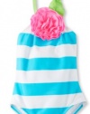 Love U Lots Girls 2-6X 1 Piece Stripe with Flower Swimsuit, Light Blue, 2T