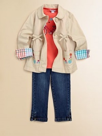 A tailored trench with girly details gets a boost of color with gingham cuffs and floral embroidery.Round collarLong sleeves with gingham cuffsButton-frontPrincess seamsGathered waistband with bowsFront patch pocketsFlared hemCottonMachine washImported Please note: Number of buttons may vary depending on size ordered. A tailored trench with girly details gets a boost of color with gingham cuffs and floral embroidery.Round collarLong sleeves with gingham cuffsButton-frontPrincess seamsGathered waistband with bowsFront patch pocketsFlared hemCottonMachine washImported Please note: Number of buttons may vary depending on size ordered.