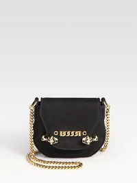 Nubuck flap-top design with polished hardware and enamel tiger accents.Chain shoulder strap, 19¾ dropFlap clasp closureOne inside open pocketNatural linen lining6½W X 6H X 1½DMade in Italy