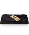 Bejeweled, bedazzled and sized right for night, this Sasha clutch is exquisitely embellished with a sparkling stone peacock broach. Elegantly pleated, its palm-perfect shape easily accommodates your evening essentials.